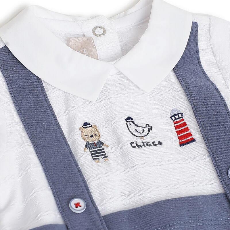 Boys Dark Light Blue Printed Nappy Opening Babysuit image number 2